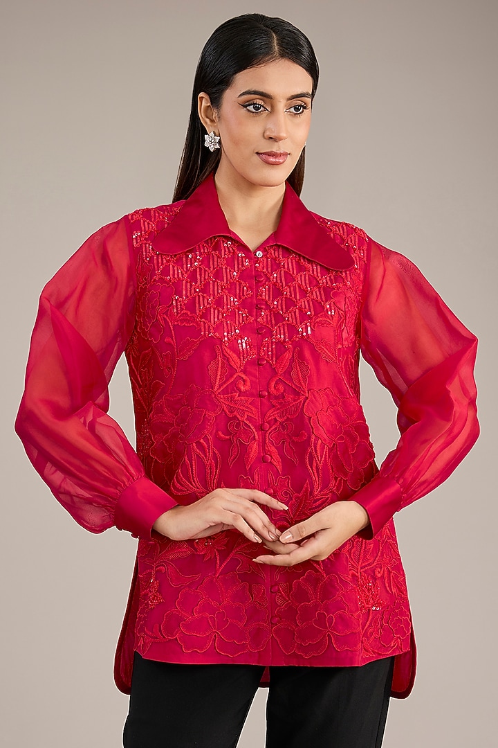 Red Organza Embroidered Shirt by Anushkaa Bajaj at Pernia's Pop Up Shop