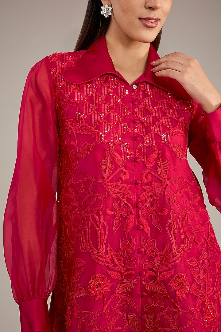 Red Organza Embroidered Shirt by Anushkaa Bajaj at Pernia's Pop Up Shop