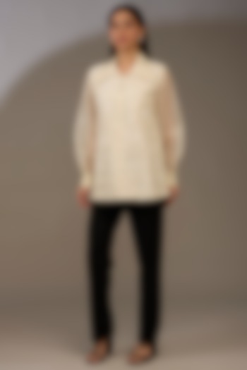 Ivory Organza Embroidered Shirt by Anushkaa Bajaj at Pernia's Pop Up Shop