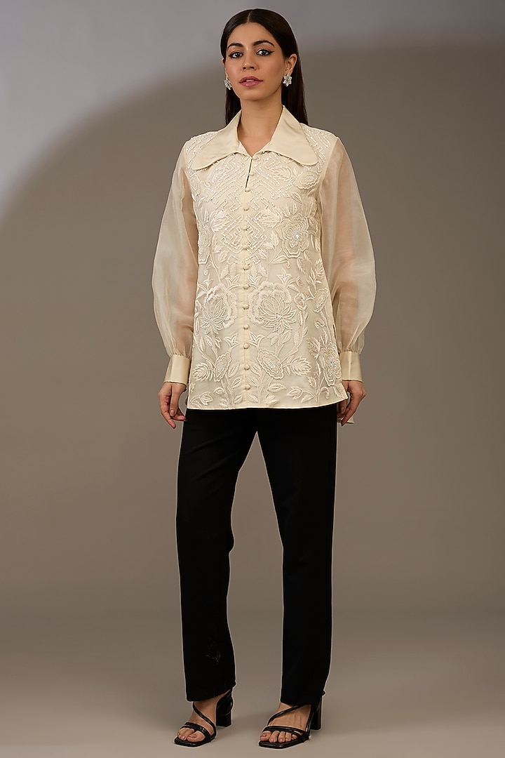Ivory Organza Embroidered Shirt by Anushkaa Bajaj at Pernia's Pop Up Shop
