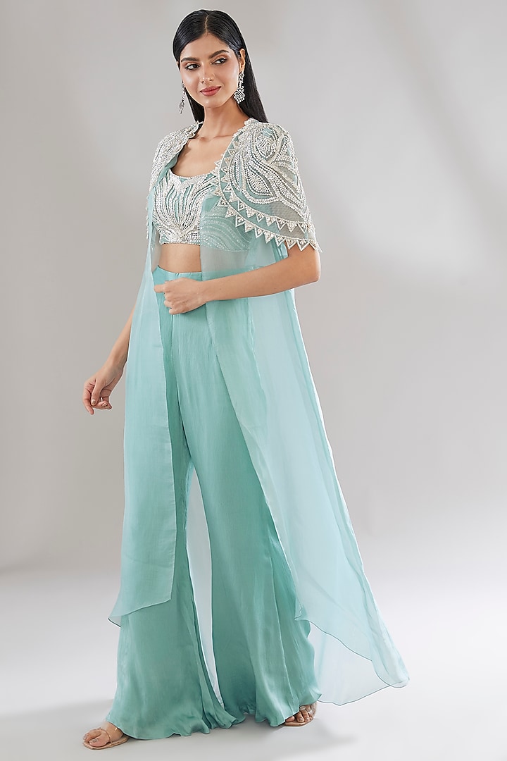 Blue Chiffon & Organza Hand Embroidered Cape Set by ANUSHKAA BAJAJ at Pernia's Pop Up Shop