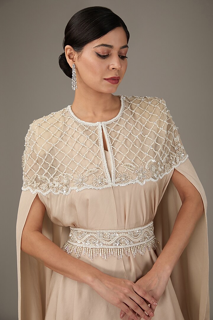 White Satin Chiffon Embellished Cape Set by ANUSHKAA BAJAJ at Pernia's Pop Up Shop