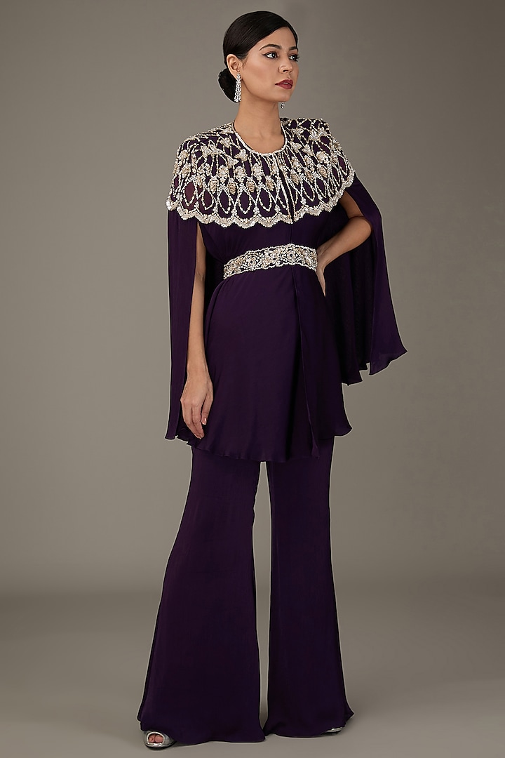 Purple Satin Chiffon Embellished Cape Set by ANUSHKAA BAJAJ at Pernia's Pop Up Shop