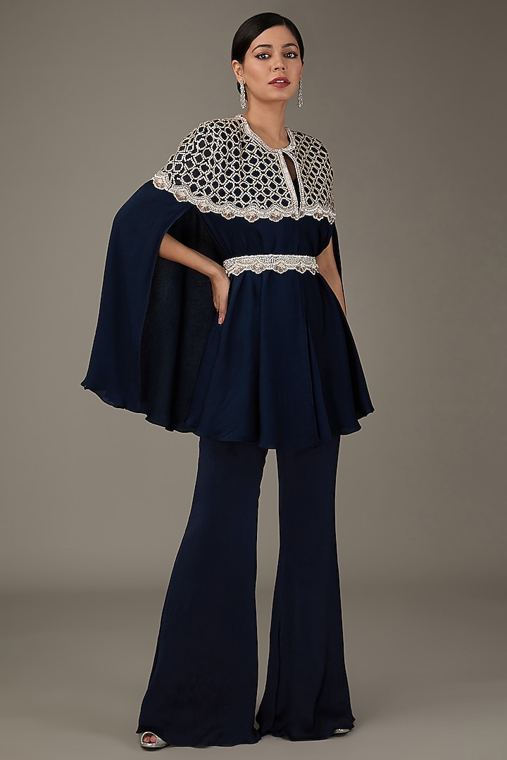 Navy Blue Satin Chiffon Embellished Cape Set by ANUSHKAA BAJAJ