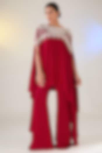 Red Chiffon Hand Embroidered Cape Set by Anushkaa Bajaj at Pernia's Pop Up Shop