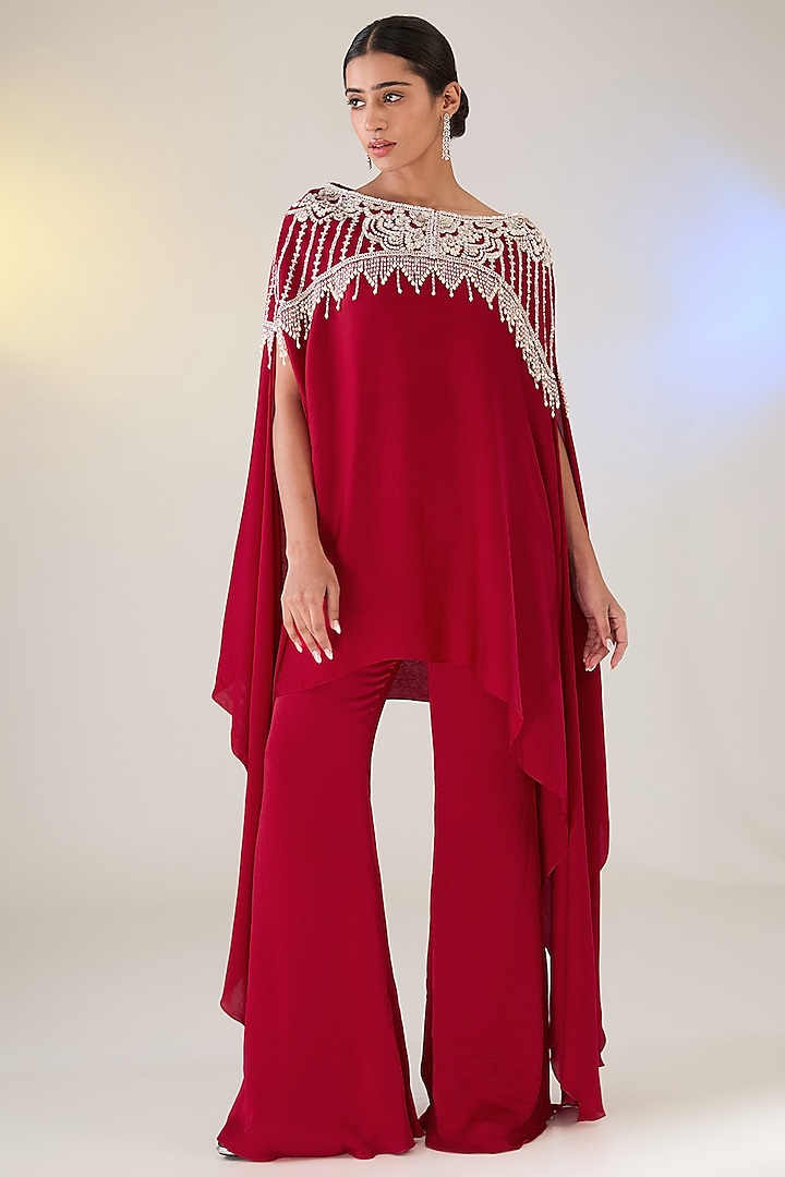 Red Chiffon Hand Embroidered Cape Set by Anushkaa Bajaj at Pernia's Pop Up Shop