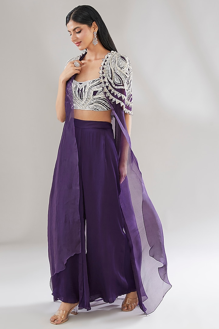 Purple Chiffon & Organza Hand Embroidered Cape Set by ANUSHKAA BAJAJ at Pernia's Pop Up Shop