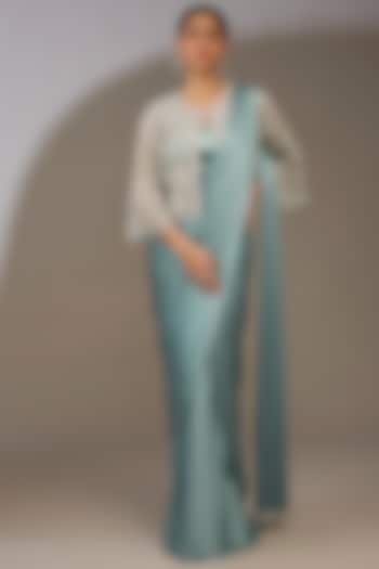 Blue Satin Draped Jacket Reception Saree Set by Anushkaa Bajaj at Pernia's Pop Up Shop