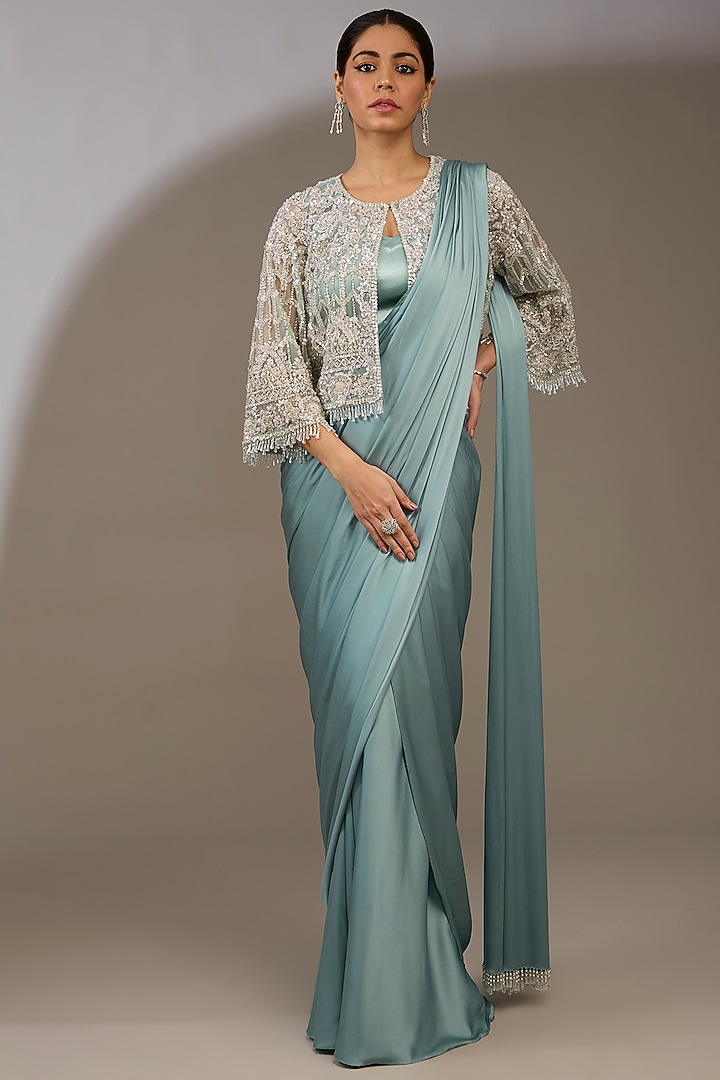 Blue Satin Draped Jacket Reception Saree Set by Anushkaa Bajaj at Pernia's Pop Up Shop