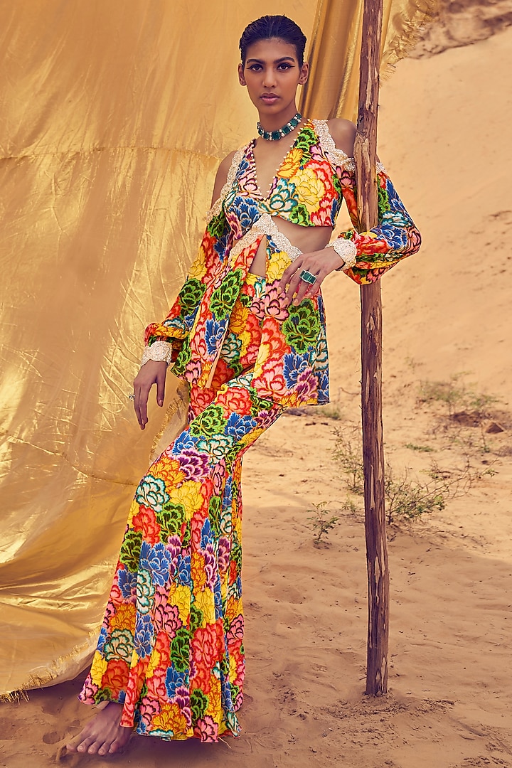 Multi-Colored Georgette Printed & Embroidered Tunic Set by ANUSHKAA BAJAJ