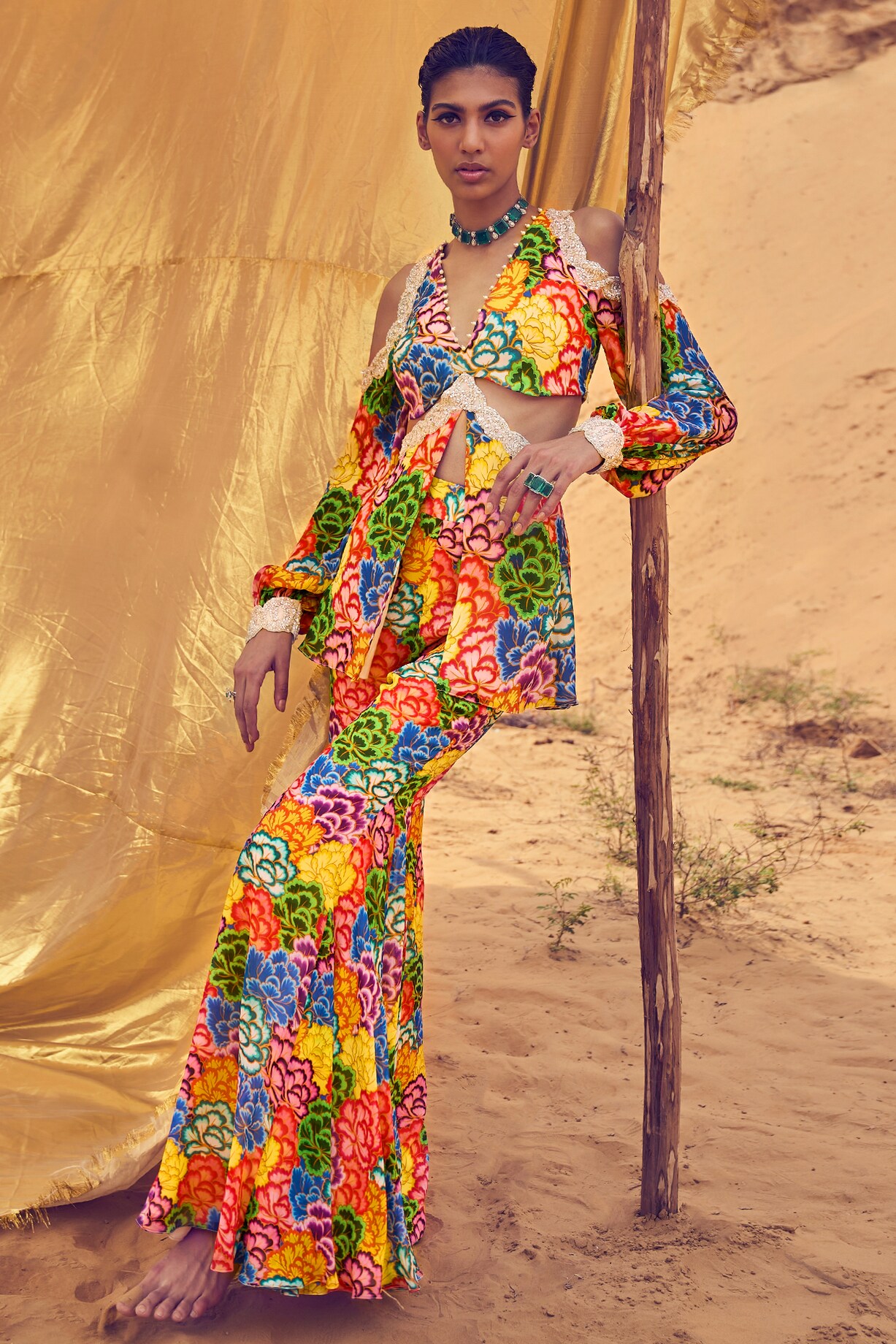 Multi-Colored Georgette Printed & Embroidered Tunic Set by ANUSHKAA ...