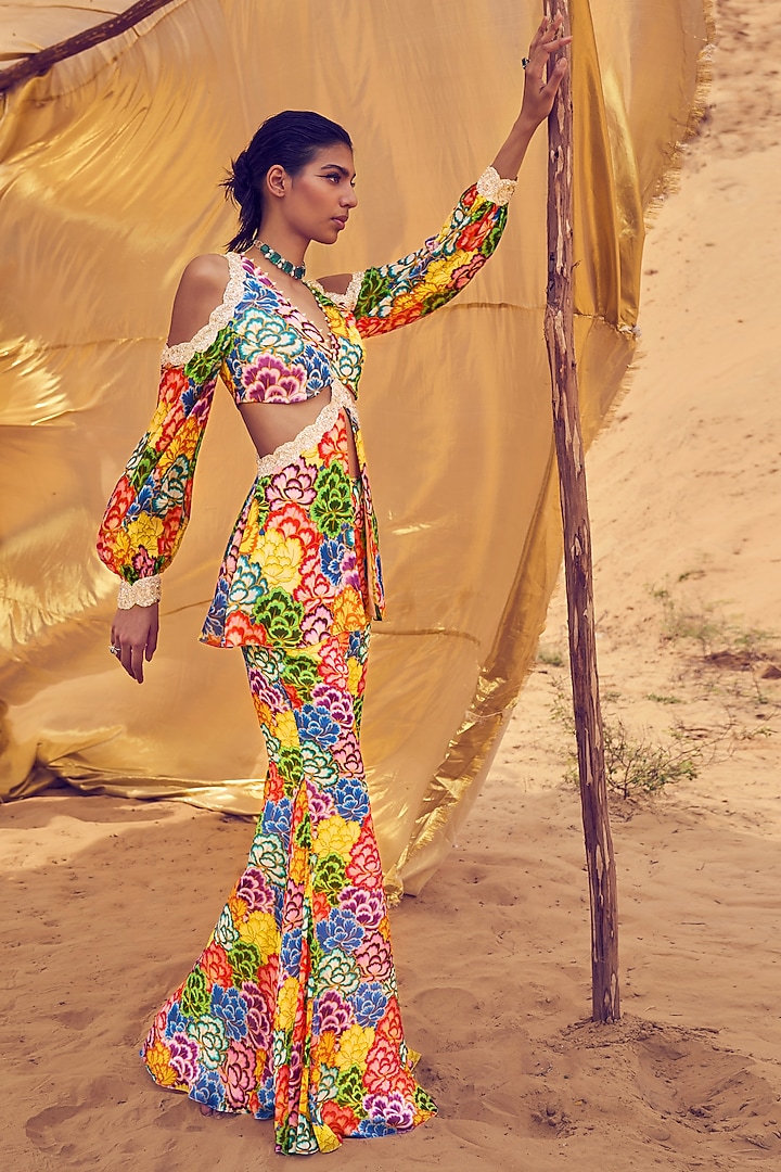 Multi-Colored Georgette Printed & Embroidered Tunic Set by ANUSHKAA ...