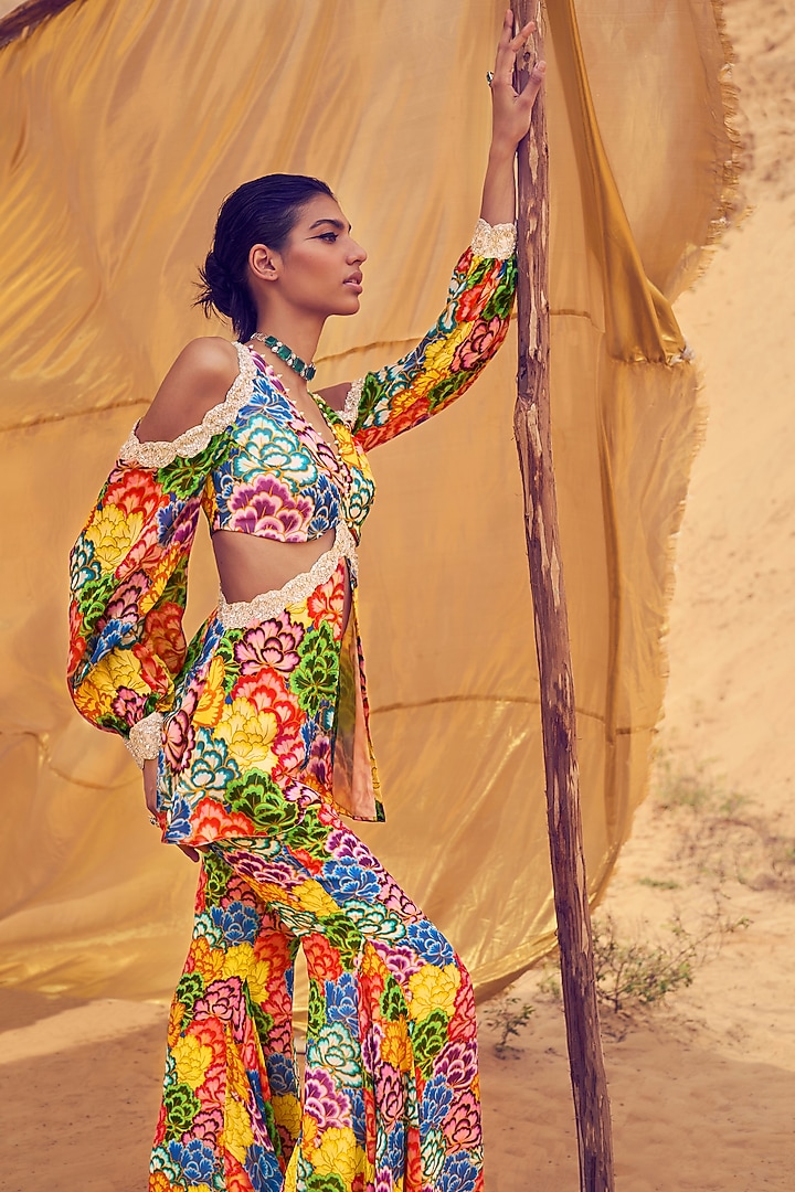 Multi-Colored Georgette Printed & Embroidered Tunic Set by ANUSHKAA ...