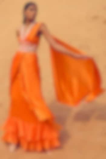 Orange Satin Georgette Ruffled Saree Set by ANUSHKAA BAJAJ