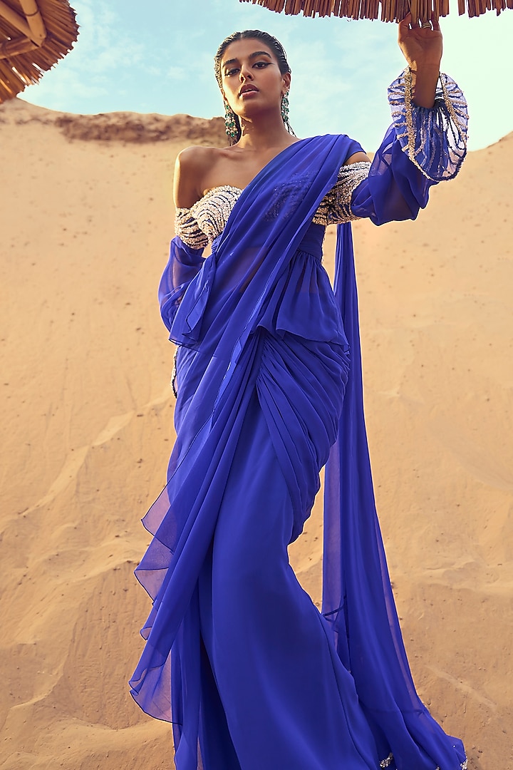 Blue Satin Georgette Draped Saree Set by ANUSHKAA BAJAJ at Pernia's Pop Up Shop