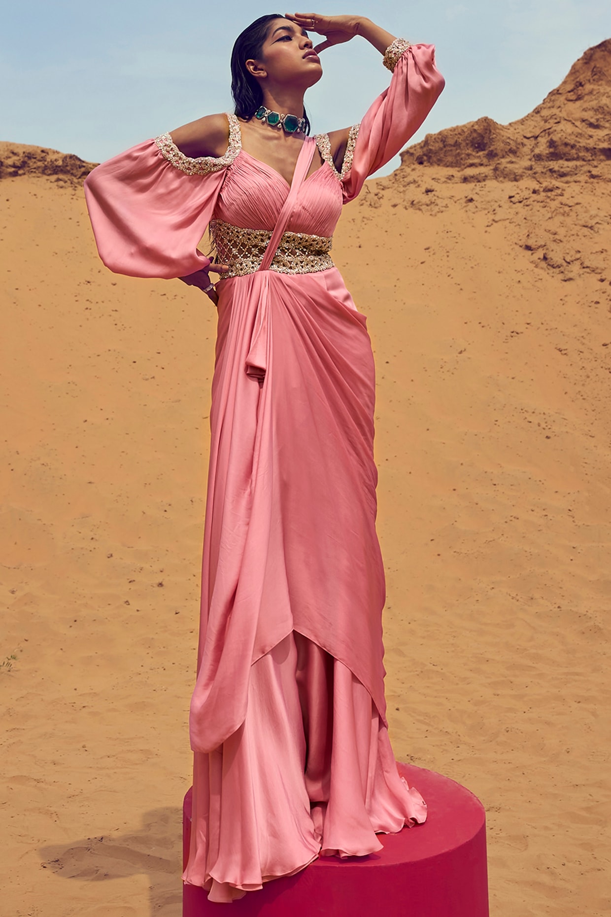 Red Colour Chiffon Designer Saree Gown Online – Panache Haute Couture