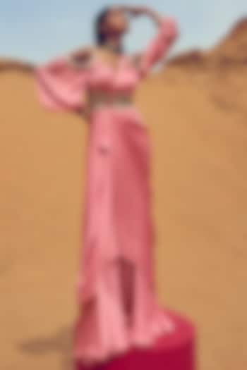 Pink Satin Georgette Saree Hand Embroidered Saree Gown by ANUSHKAA BAJAJ