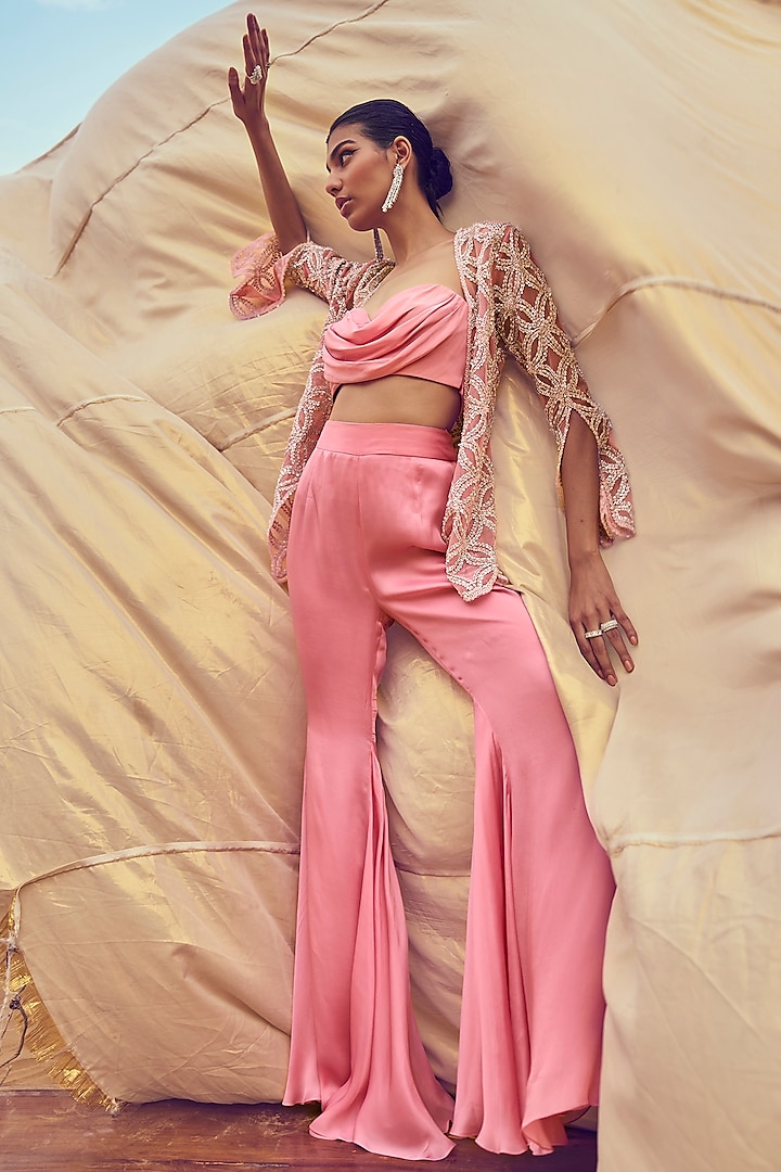Pink Satin Georgette Embellished Jacket Set by ANUSHKAA BAJAJ