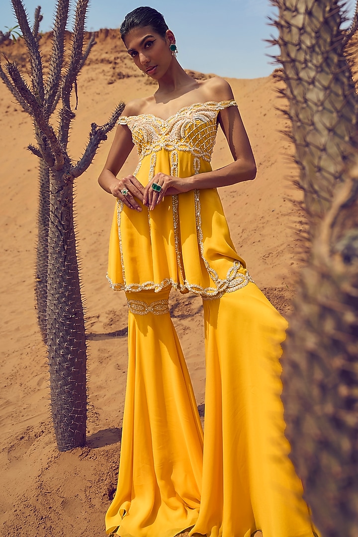 Yellow Satin Georgette Bridal Sharara Set by ANUSHKAA BAJAJ at Pernia's Pop Up Shop
