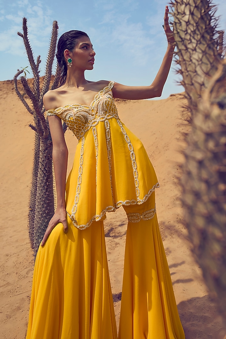 Yellow Satin Georgette Bridal Sharara Set by ANUSHKAA BAJAJ at Pernia's Pop Up Shop