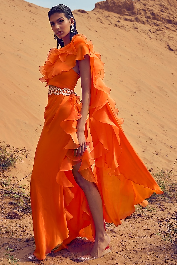 Orange Satin Georgette Ruffled Dress With Belt by ANUSHKAA BAJAJ