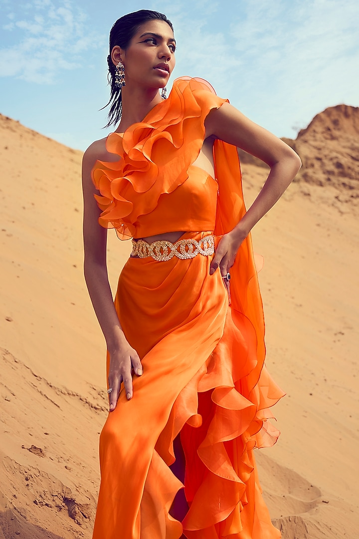 Orange Satin Georgette Ruffled Party Wear Dress With Belt by ANUSHKAA BAJAJ at Pernia's Pop Up Shop
