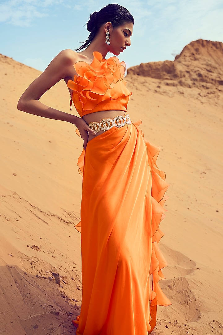 Orange Satin Georgette Ruffled Party Wear Dress With Belt by ANUSHKAA BAJAJ at Pernia's Pop Up Shop