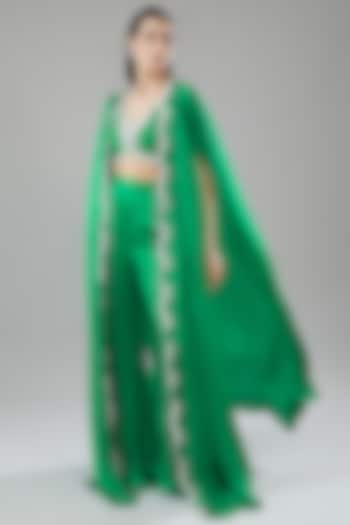 Green Satin Georgette Hand Embroidered Cape Set by ANUSHKAA BAJAJ at Pernia's Pop Up Shop