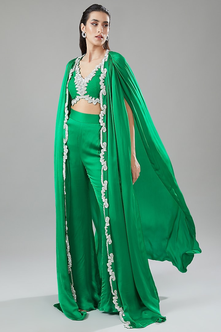 Green Satin Georgette Hand Embroidered Cape Set by ANUSHKAA BAJAJ at Pernia's Pop Up Shop