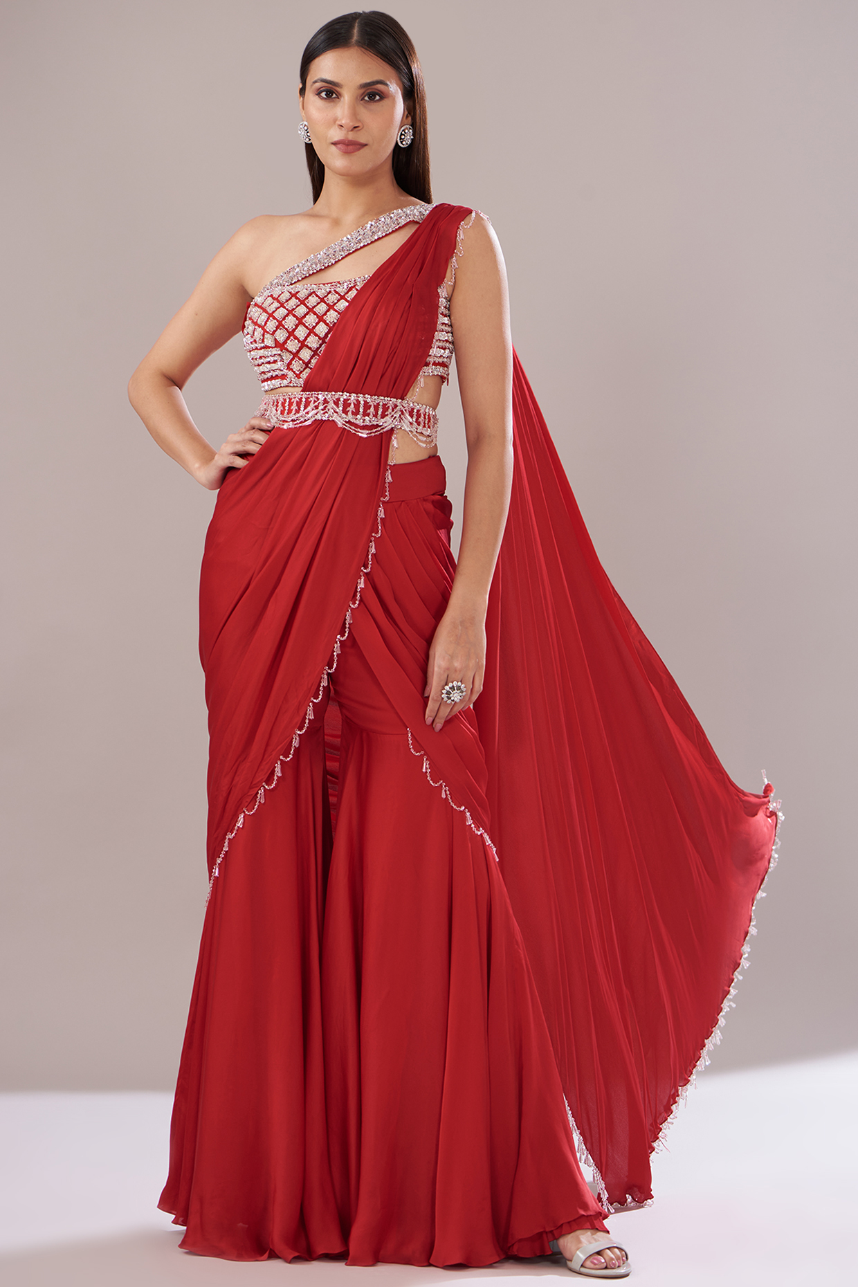 Red Satin Georgette Pant Wedding Saree Set by ANUSHKAA BAJAJ at Pernia's Pop Up Shop
