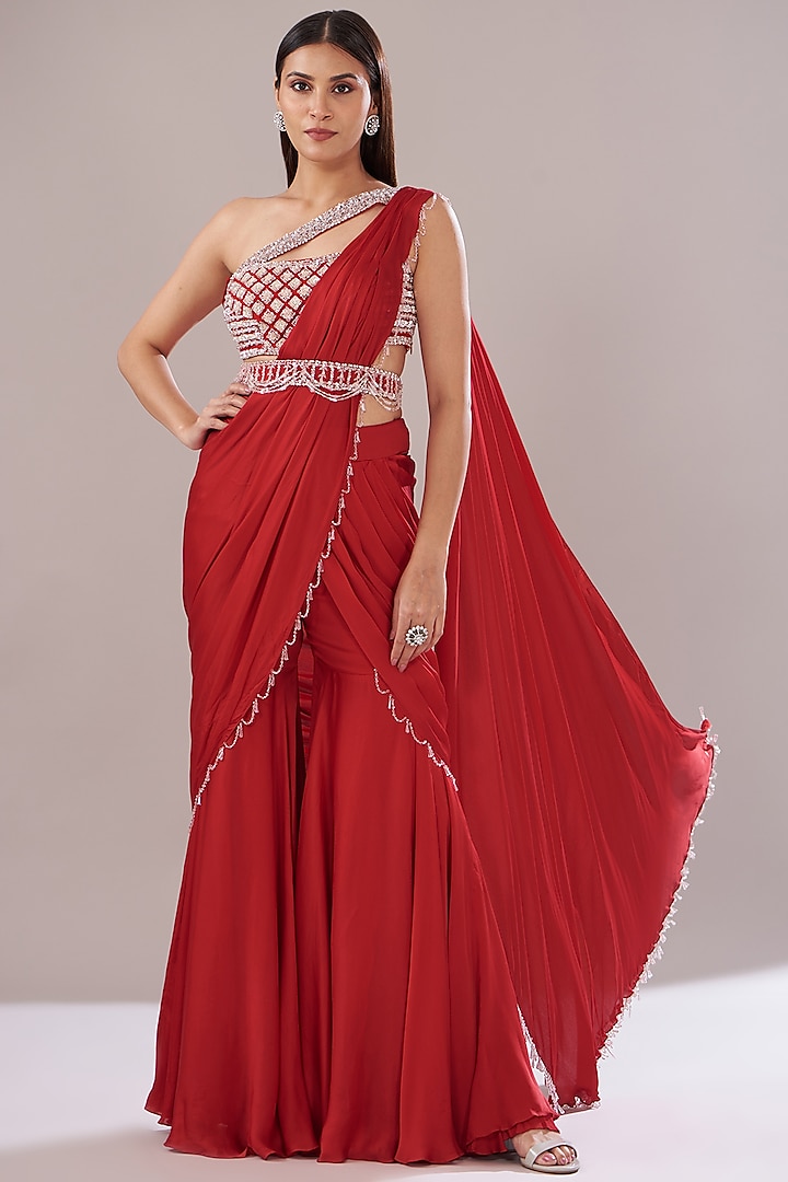 Red Satin Georgette Pant Wedding Saree Set by ANUSHKAA BAJAJ at Pernia's Pop Up Shop
