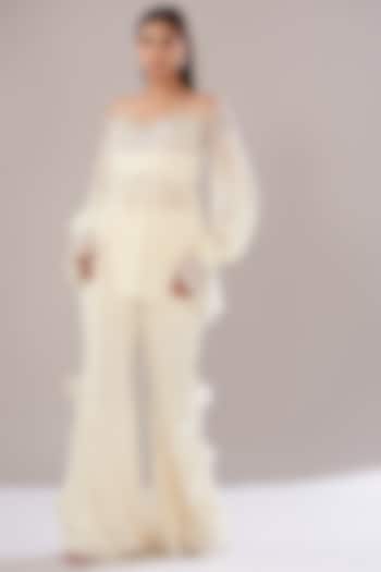 Ivory Viscose Georgette & Organza Pant Set by ANUSHKAA BAJAJ at Pernia's Pop Up Shop