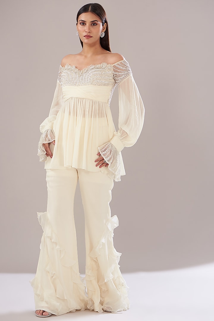 Ivory Viscose Georgette & Organza Pant Set by ANUSHKAA BAJAJ at Pernia's Pop Up Shop
