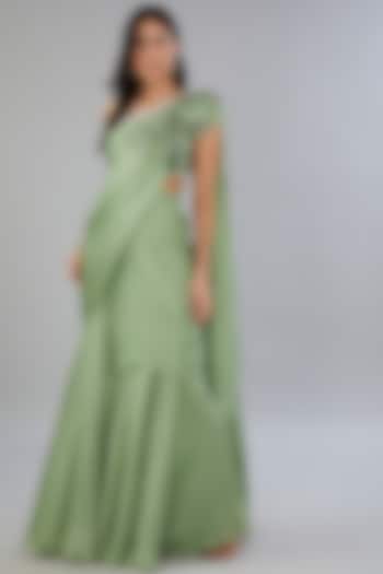 Green Satin Georgette Draped Saree by ANUSHKAA BAJAJ