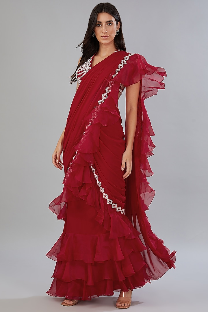 Red Viscose Georgette Draped Ruffle Saree by ANUSHKAA BAJAJ at Pernia's Pop Up Shop