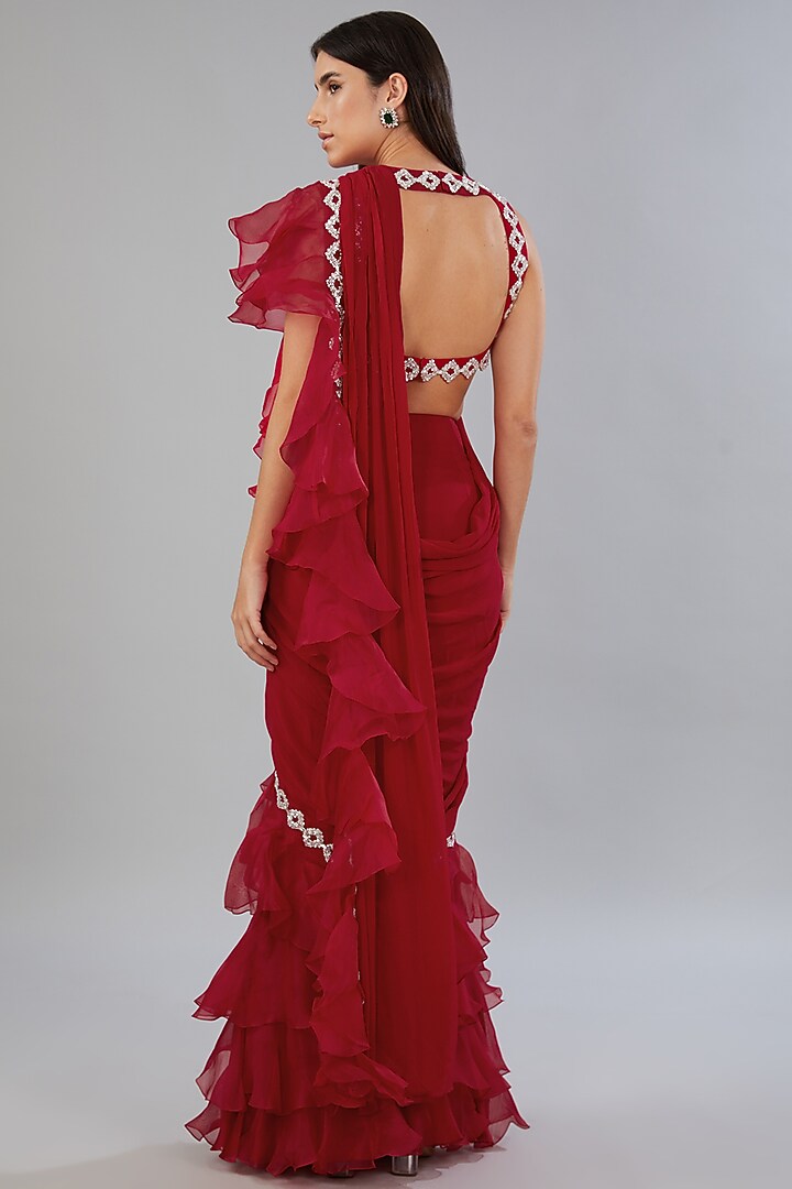 Red Viscose Georgette Draped Ruffle Reception Saree by ANUSHKAA BAJAJ at Pernia's Pop Up Shop