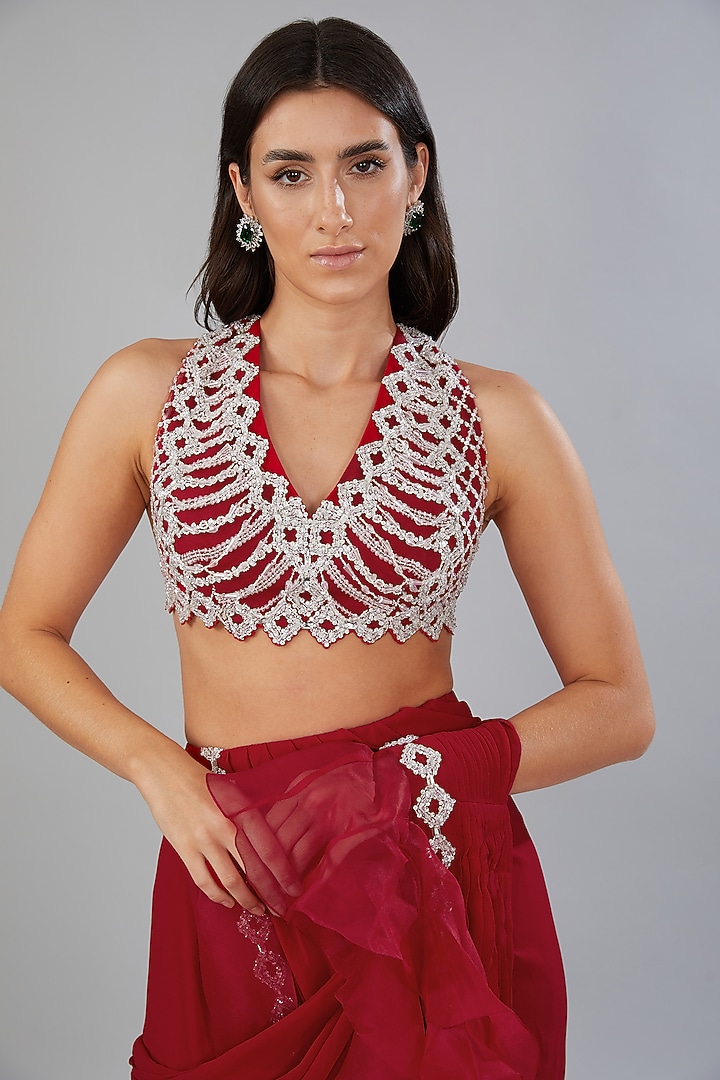 Red Viscose Georgette Draped Ruffle Reception Saree by ANUSHKAA BAJAJ at Pernia's Pop Up Shop
