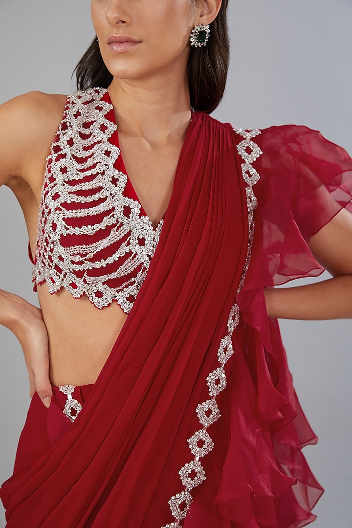 Red Viscose Georgette Draped Ruffle Reception Saree by ANUSHKAA BAJAJ at Pernia's Pop Up Shop