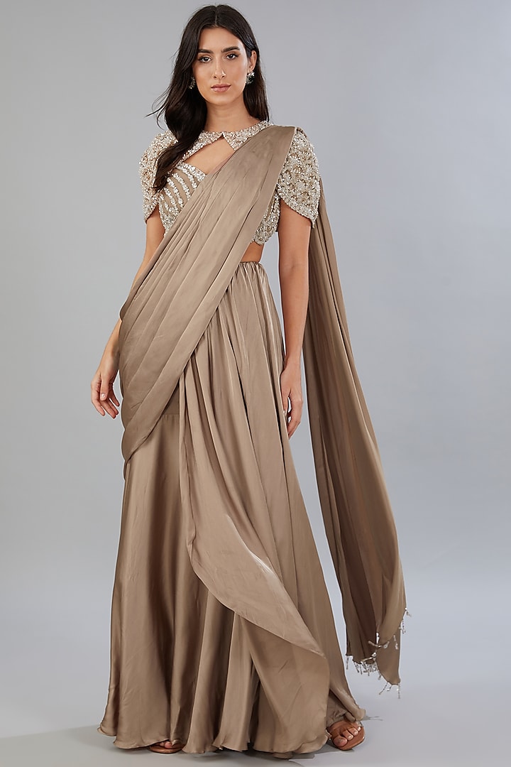 Nude Satin Draped Saree Set by ANUSHKAA BAJAJ at Pernia's Pop Up Shop