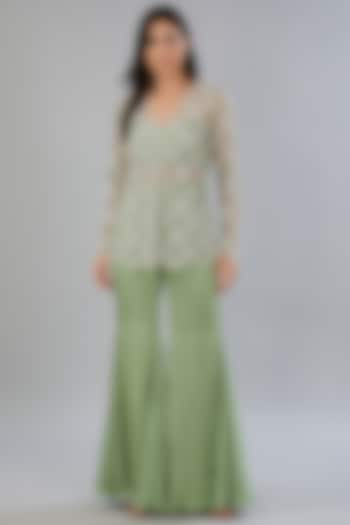 Green Satin Georgette Embellished Jacket Set by ANUSHKAA BAJAJ at Pernia's Pop Up Shop