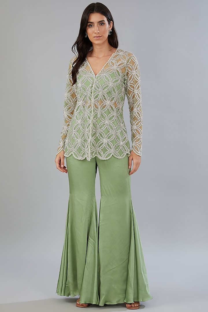 Green Satin Georgette Embellished Jacket Set by ANUSHKAA BAJAJ at Pernia's Pop Up Shop