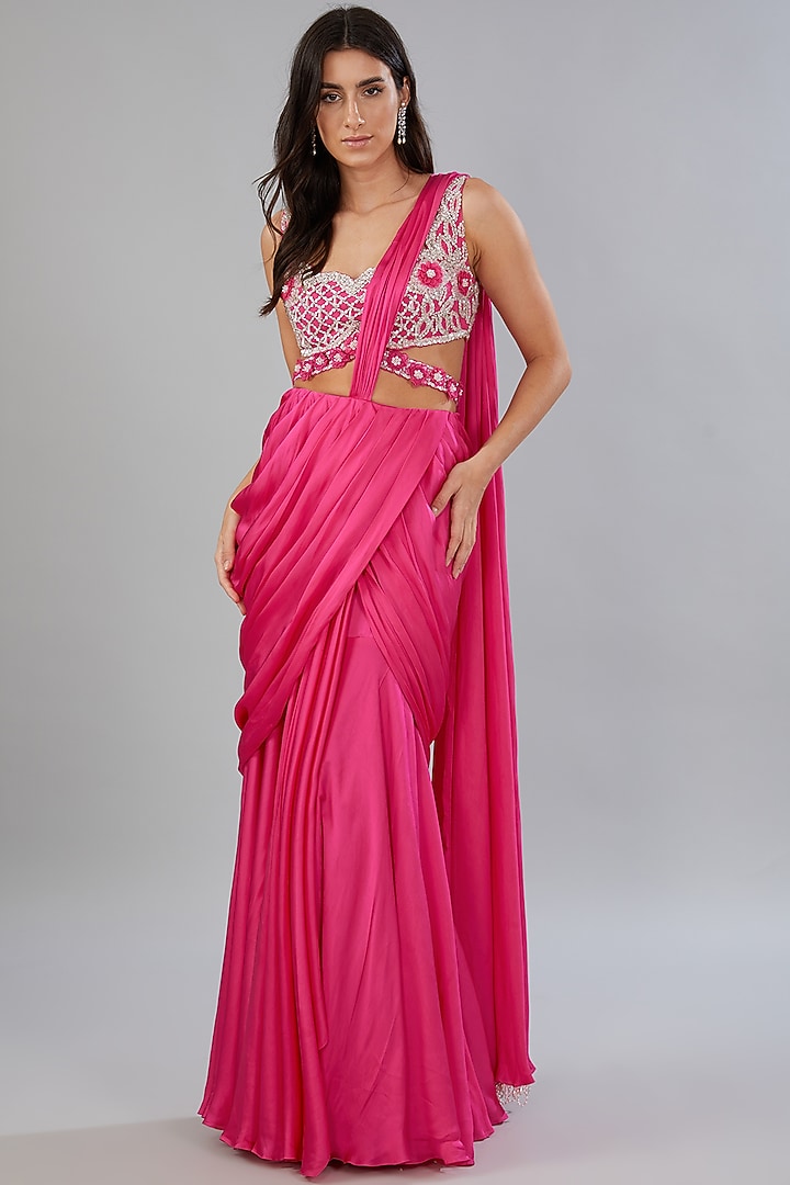 Pink Georgette Draped Wedding Saree Set by ANUSHKAA BAJAJ at Pernia's Pop Up Shop