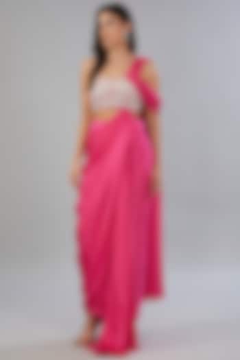 Pink Satin Georgette Draped Saree by ANUSHKAA BAJAJ