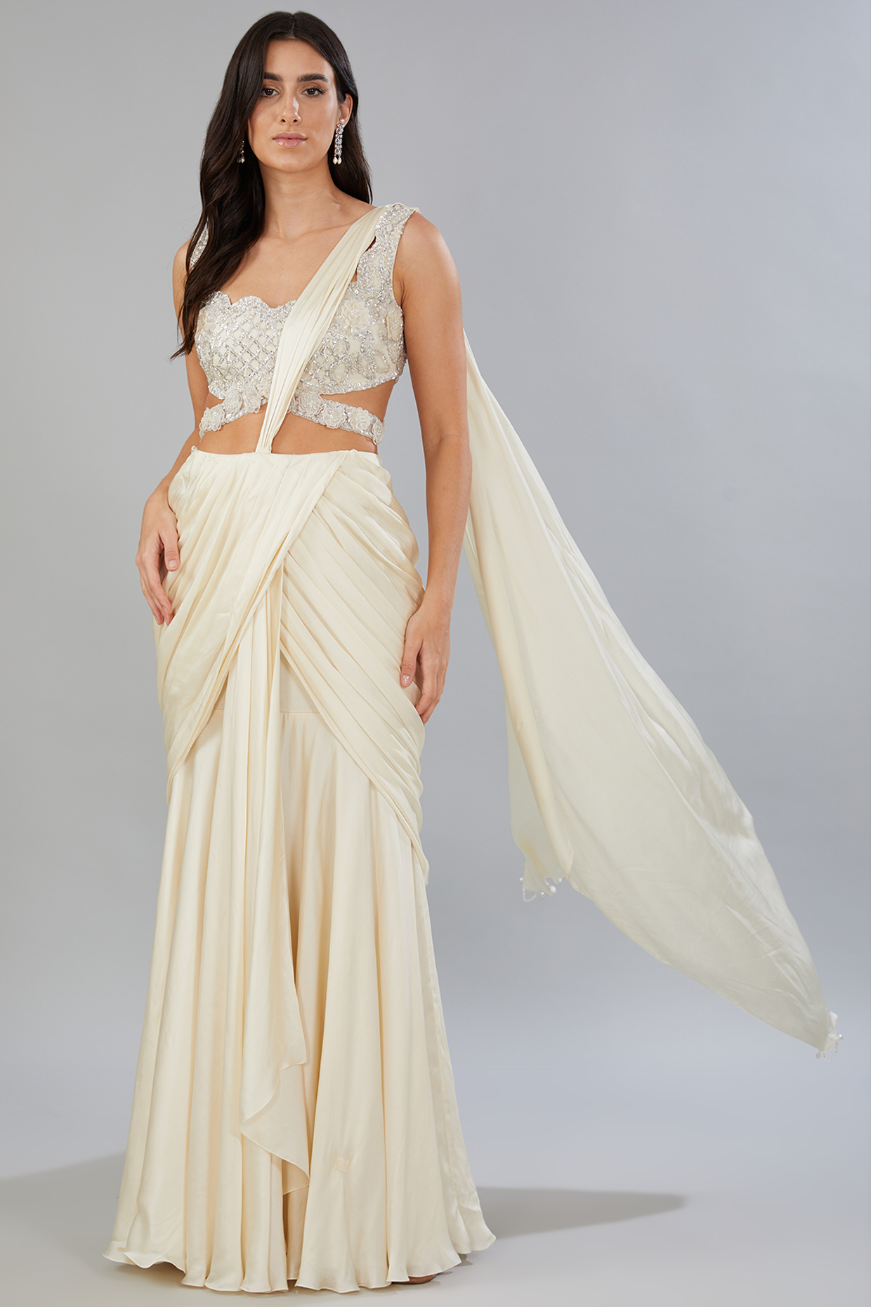White Georgette Draped Wedding Saree Set by ANUSHKAA BAJAJ at Pernia's Pop Up Shop