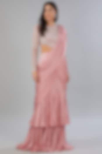 Pink Georgette Embroidered Layered Saree Gown by ANUSHKAA BAJAJ