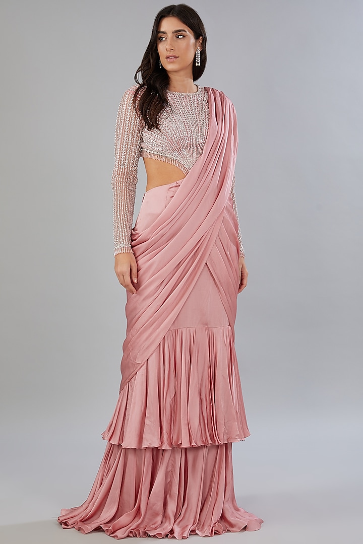 Pink Georgette Embroidered Layered Saree Gown by ANUSHKAA BAJAJ