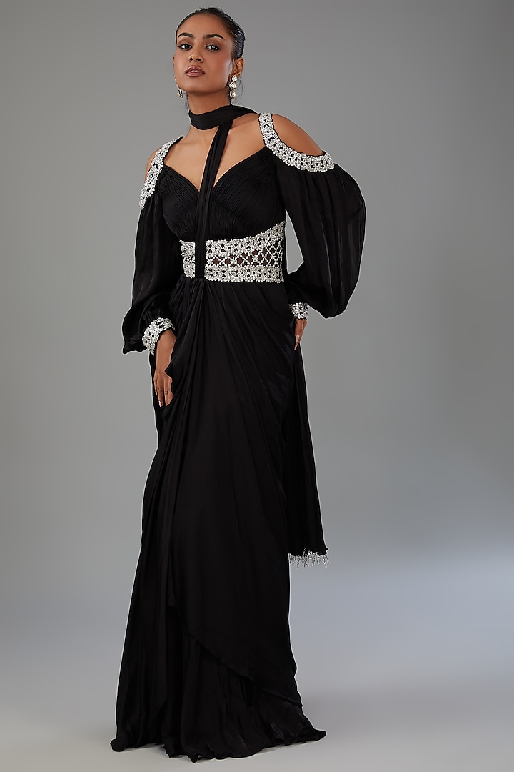 Black Satin Georgette Hand Embroidered Attached Saree Dress by ANUSHKAA BAJAJ at Pernia's Pop Up Shop