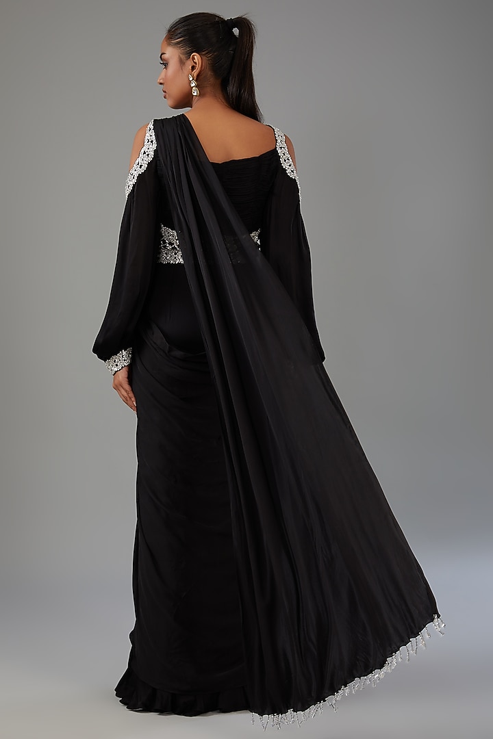 Black Satin Georgette Hand Embroidered Attached Wedding Saree Dress by ANUSHKAA BAJAJ at Pernia's Pop Up Shop