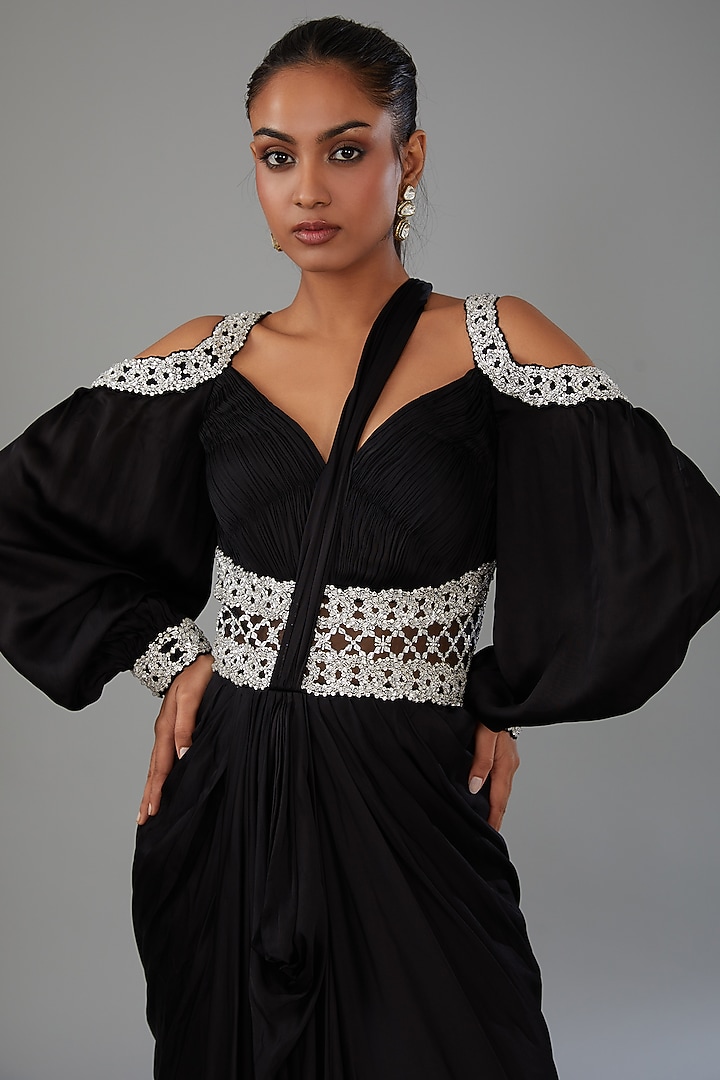 Black Satin Georgette Hand Embroidered Attached Wedding Saree Dress by ANUSHKAA BAJAJ at Pernia's Pop Up Shop