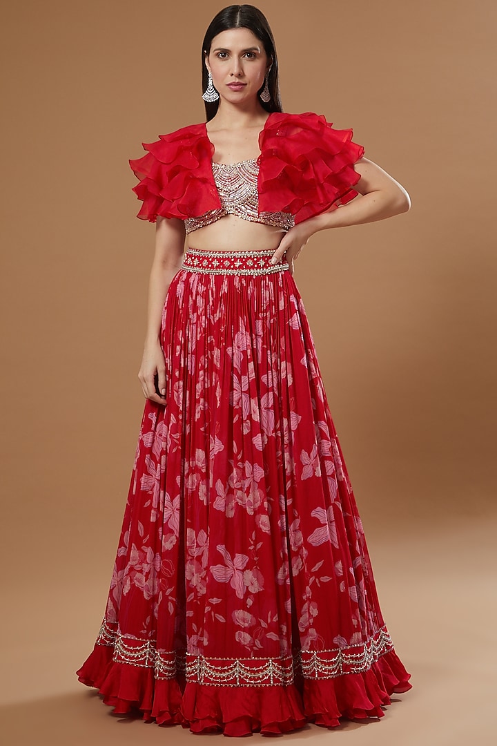 Red Georgette Printed Skirt Set by ANUSHKAA BAJAJ